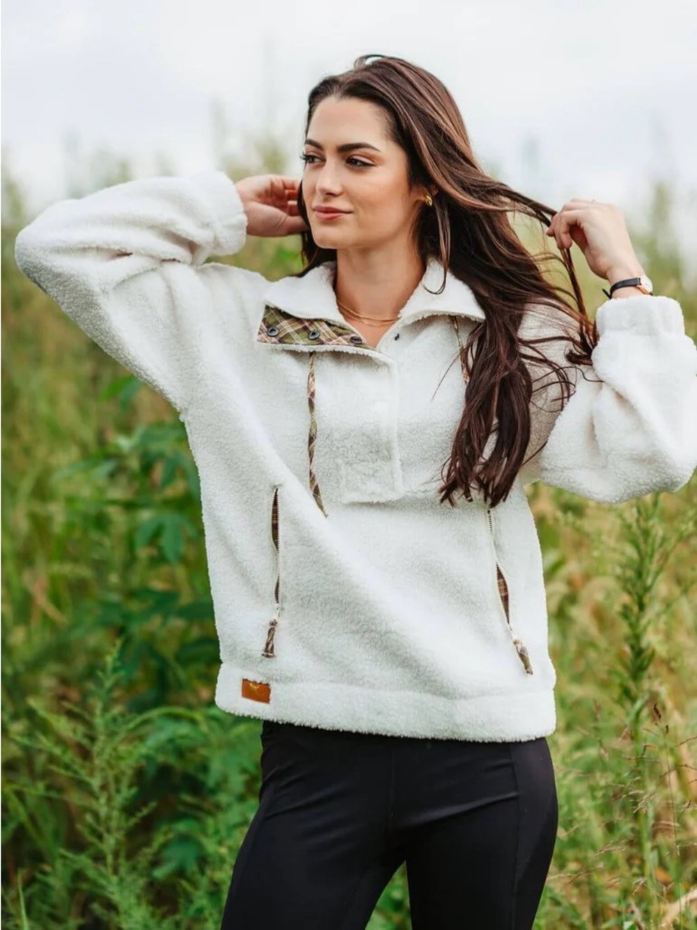Simply Southern Cream Sherpa Pullover with Plaid-Trim